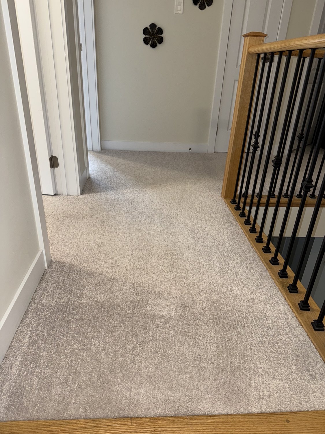 Clean carpet on a hallway landing beside a wooden staircase